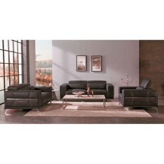 Ensemble Canapé 3 places et 2 places et fauteuil 1 place en cuir italien buffle VEGA, chocolat avec surpiqure blanche
