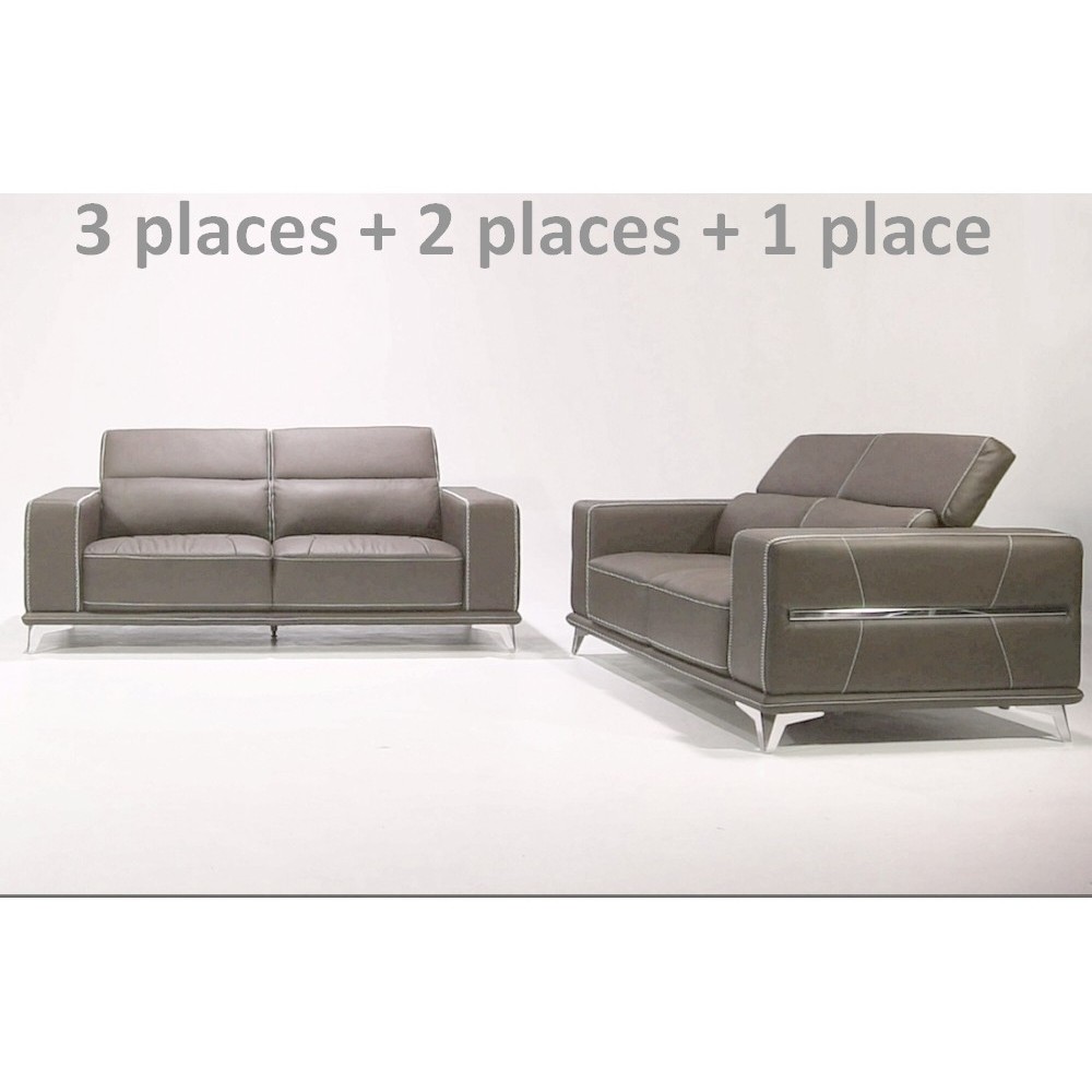 Ensemble Canapé 3 places et 2 places et fauteuil 1 place en cuir italien buffle VEGA, moka avec surpiqure blanche ou au choix