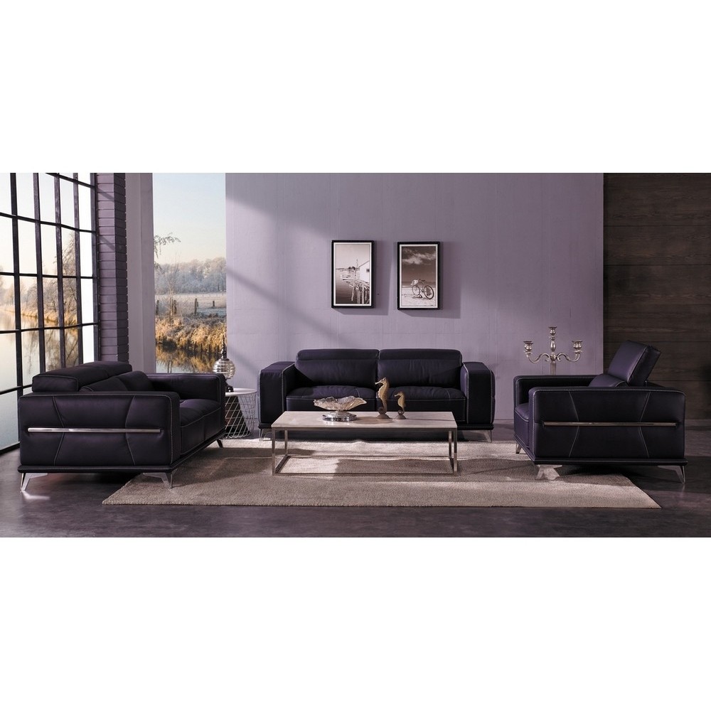 Ensemble Canapé 3 places et 2 places et fauteuil 1 place en cuir italien buffle VEGA, noir avec surpiqure blanche Ensemble Canapé 3 places et 2 places et fauteuil 1 place en cuir italien buffle VEGA, noir avec surpiqure blanche