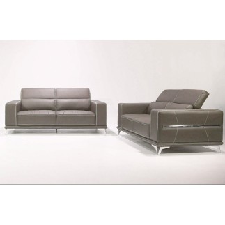 Ensemble Canapé 3 places et 2 places en cuir italien buffle VEGA, moka avec surpiqure blanche