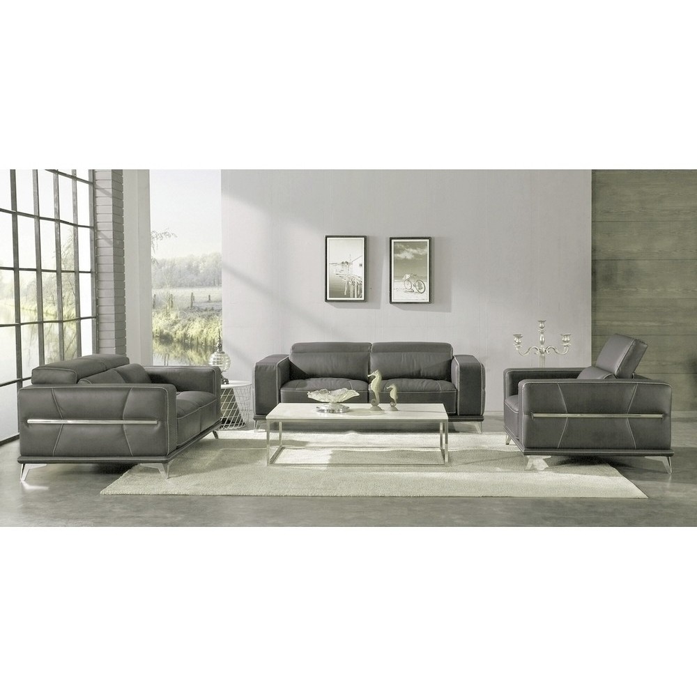 Ensemble Canapé 3 places et 2 places et fauteuil 1 place en cuir italien buffle VEGA, gris foncé avec surpiqure gris clair Ensemble Canapé 3 places et 2 places et fauteuil 1 place en cuir italien buffle VEGA, gris foncé avec surpiqure gris clair