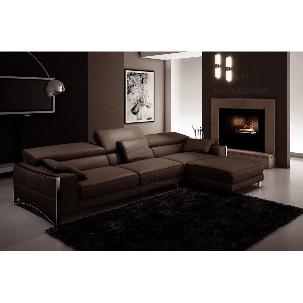 Canapé d'angle en cuir italien 5 places SUEDE, chocolat, angle droit