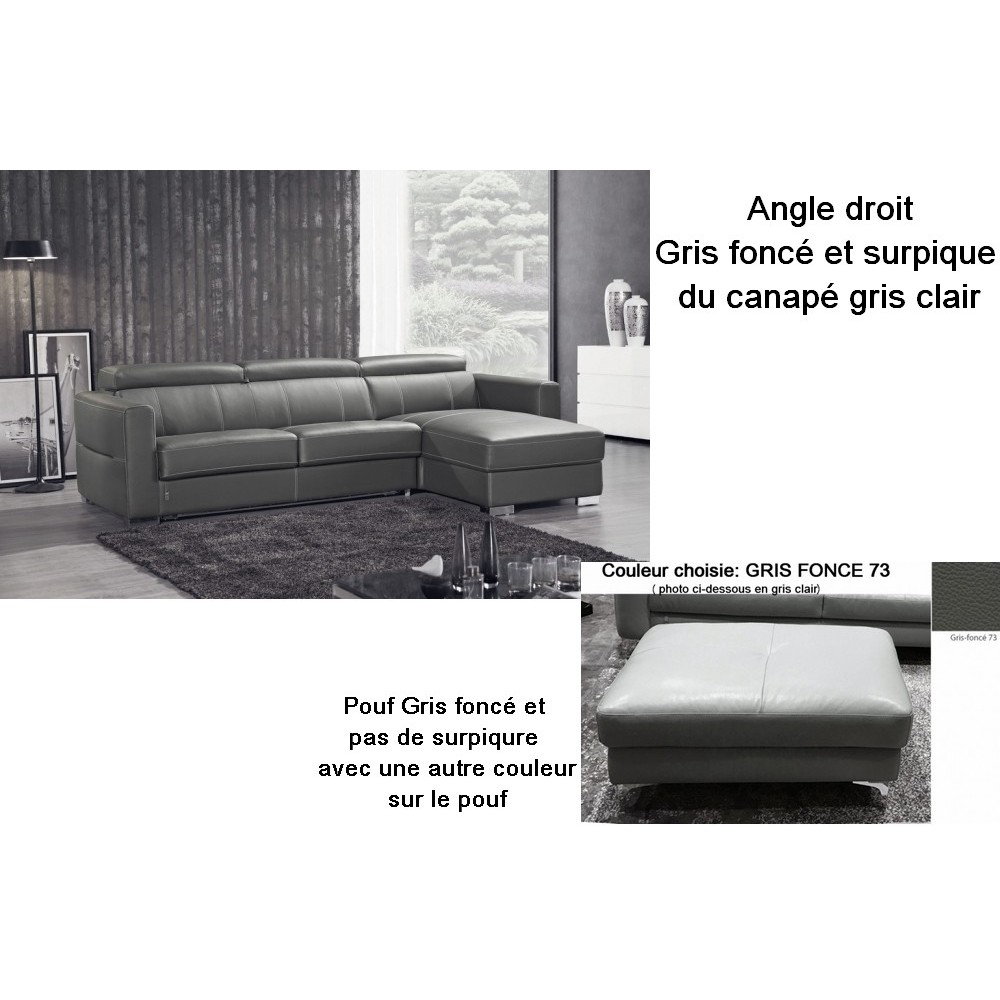 Récapitulatif de la commande Canapé d'angle convertible en cuir de buffle italien de luxe 5 places ANTHONY, gris foncé, surpiqur