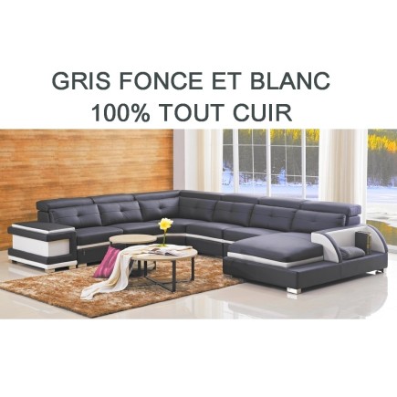 1er paiement de la commande, Canapé d'angle 100% TOUT cuir buffle italien 7/8 places, BELLISSIMO, gris foncé et blanc, angle gau