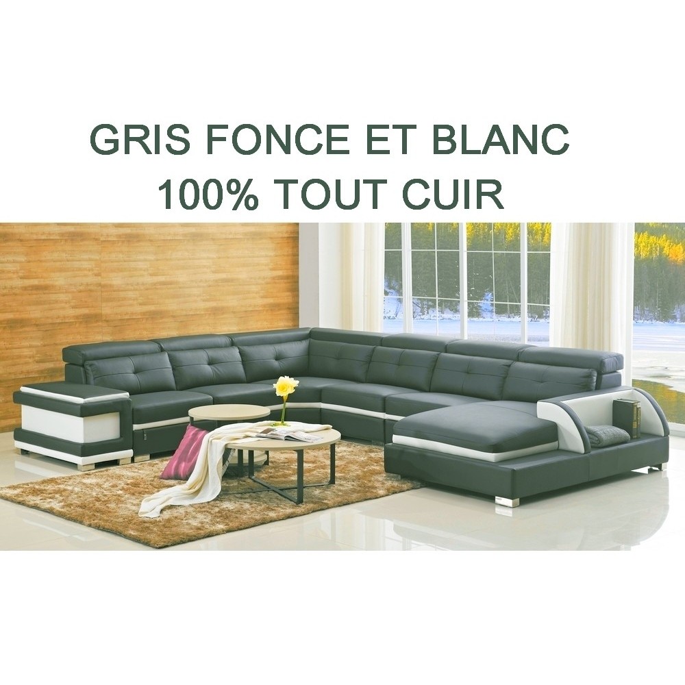 Canapé d'angle 100% TOUT cuir buffle italien 7/8 places, BELLISSIMO, couleur principale gris foncé et secondaire blanc, angle ga