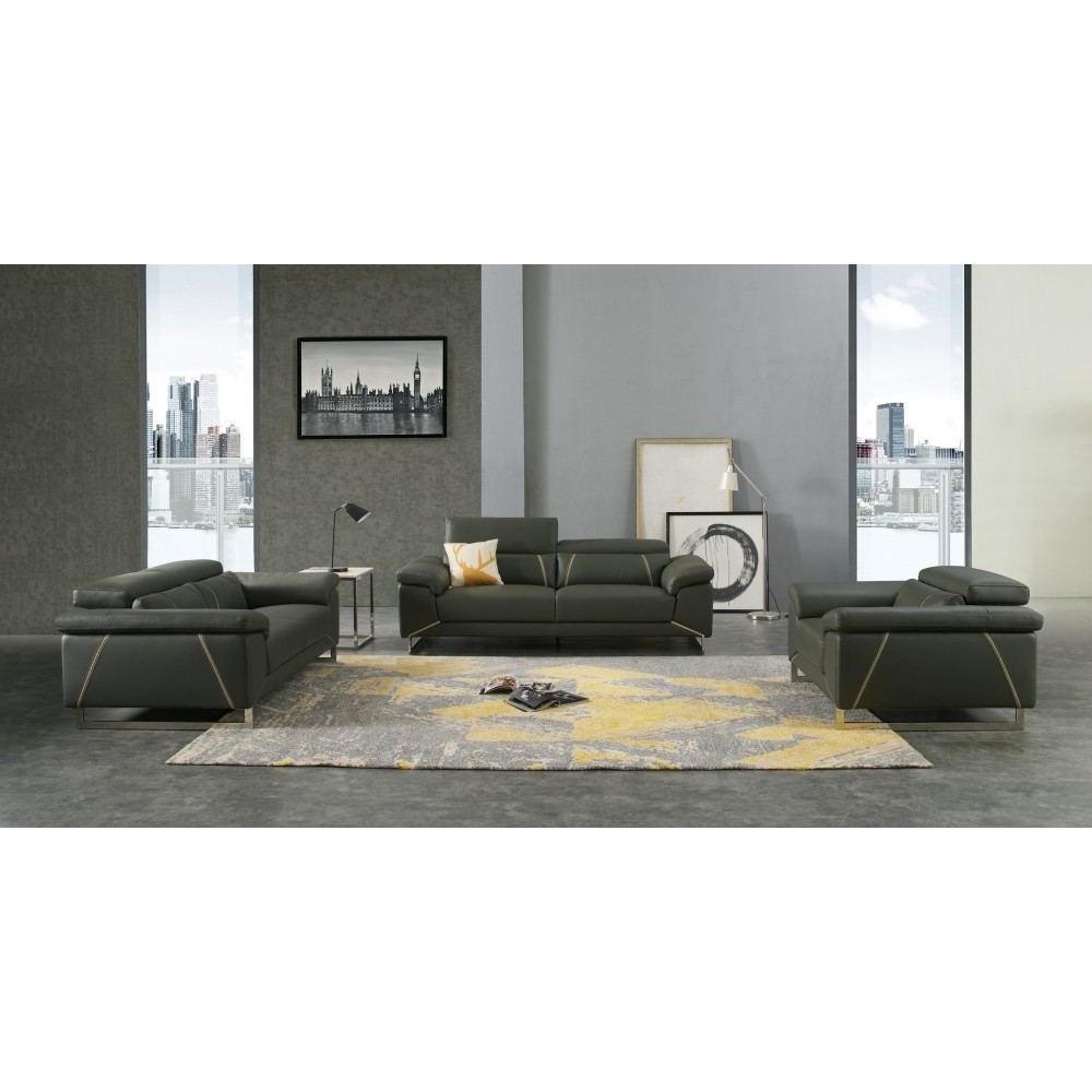 Ensemble Ensemble canapé 3 places et 2 places et fauteuil en cuir italien buffle GRANTI, couleur gris foncé et liseret gris clai Ensemble Ensemble canapé 3 places et 2 places et fauteuil en cuir italien buffle GRANTI, couleur gris foncé et liseret gris clai