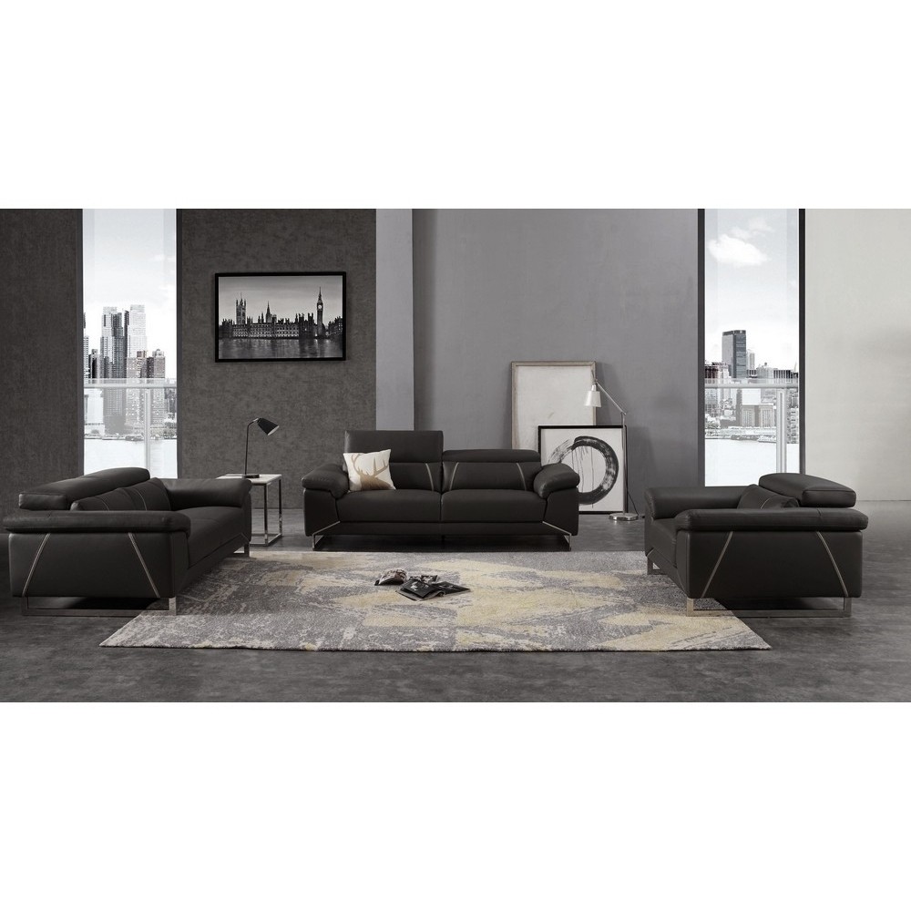 Ensemble Ensemble canapé 3 places et 2 places et fauteuil en cuir italien buffle GRANTI, couleur noir et liseret blanc