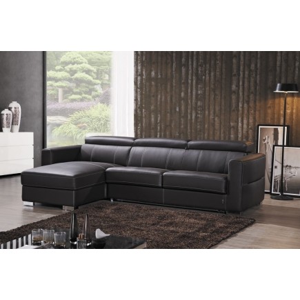 Canapé d'angle convertible en cuir épais de buffle italien de luxe 5 places anthony, noir, et surpiqure noire, angle gauche, 4x
