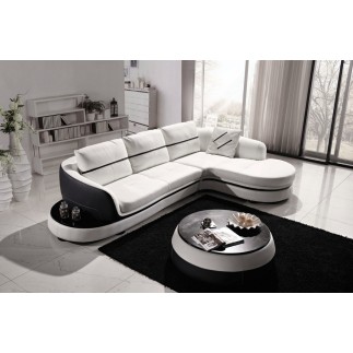 Canapé d'angle en cuir EPAIS 1.8 à 2 mm. Buffle italien 5/6 places GENEVE, table offerte, couleur principale blanc et noir, angl