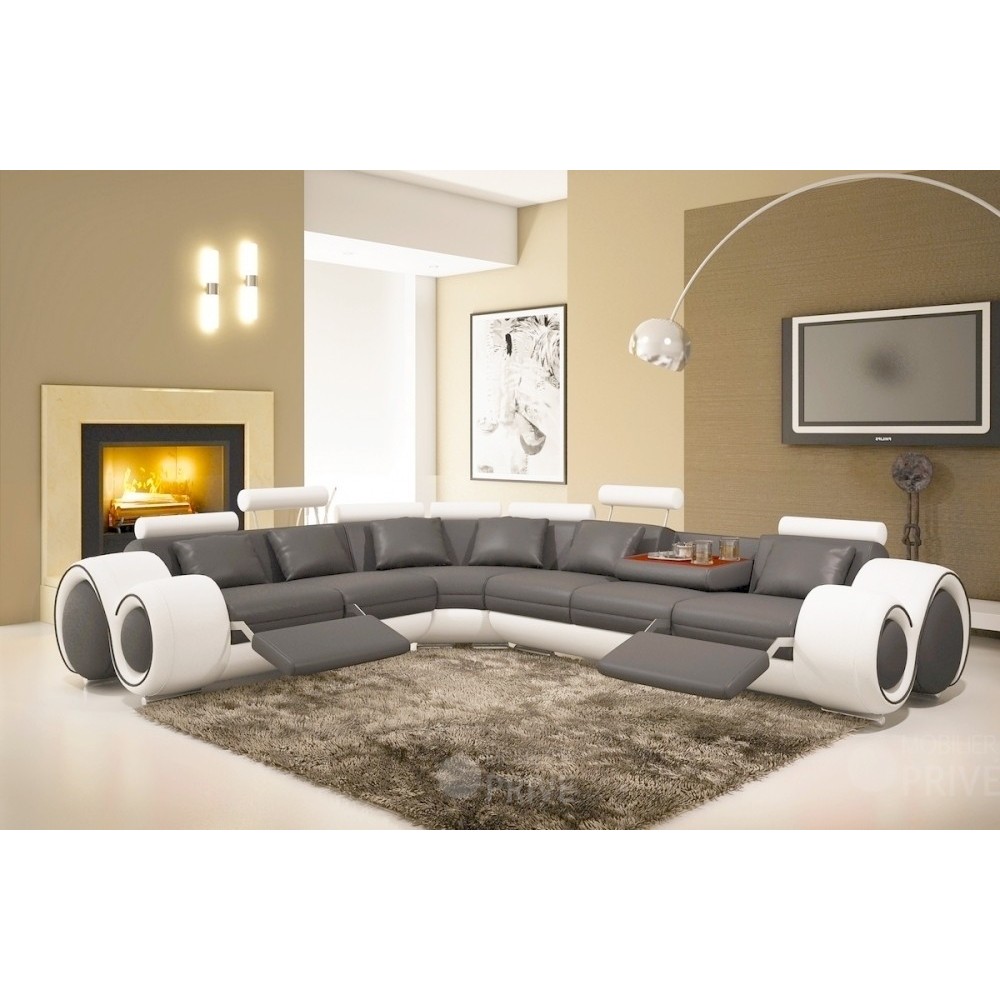 Solde de paiement de la commande: Canapé d'angle en cuir italien 5/6 places petit excelia, gris foncé et blanc angle gauche , 6x