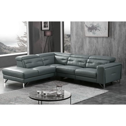 Canapé d'angle avec un relax électrique en cuir de buffle italien de luxe 6 places REVOLAX gris foncé, angle gauche, POUF OFFERT