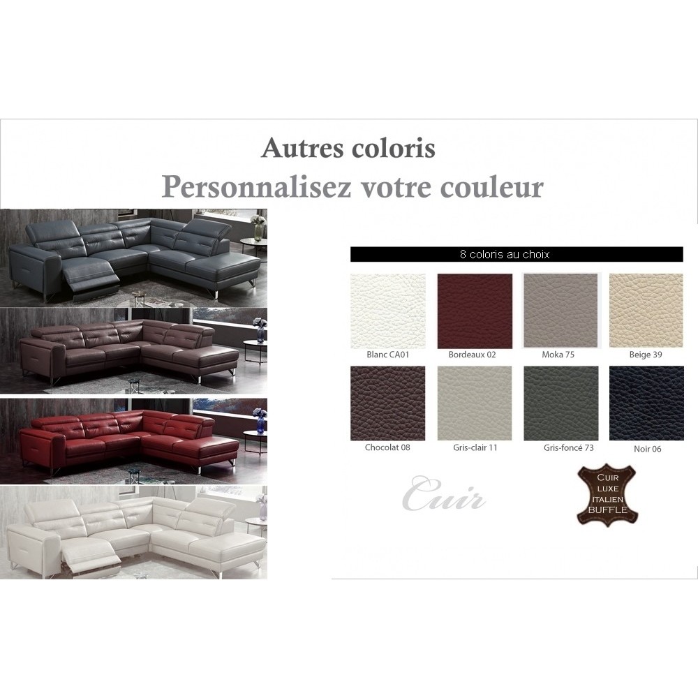 Canapé d'angle avec un relax électrique en cuir de buffle italien de luxe 6 places REVOLAX couleur personnalisée, angle droit, P Canapé d'angle avec un relax électrique en cuir de buffle italien de luxe 6 places REVOLAX couleur personnalisée, angle droit, P