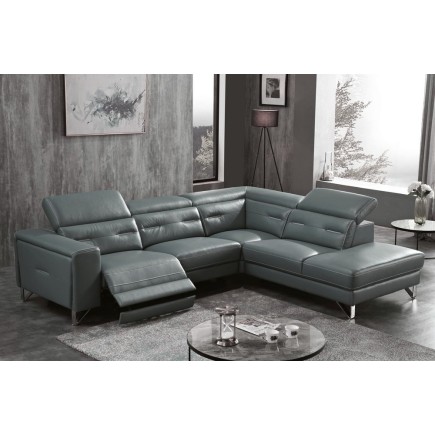Canapé d'angle avec un relax électrique en cuir de buffle italien de luxe 6 places REVOLAX gris foncé, angle droit, POUF OFFERT