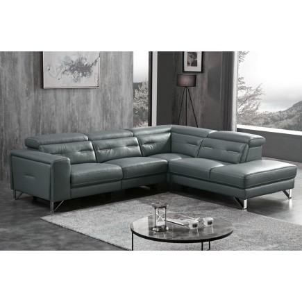 Canapé d'angle avec un relax électrique en cuir de buffle italien de luxe 6 places REVOLAX gris foncé, angle droit, POUF OFFERT