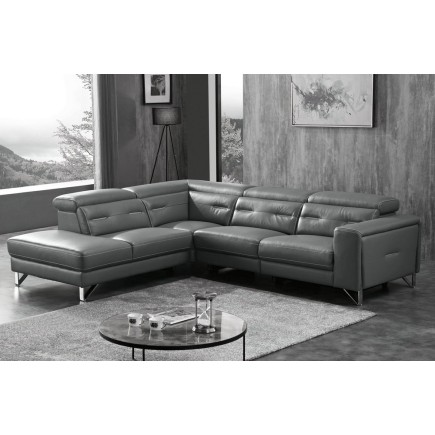 -Canapé d'angle avec un relax électrique en cuir de buffle italien de luxe 6 places REVOLAX noir, angle gauche, POUF OFFERT -
