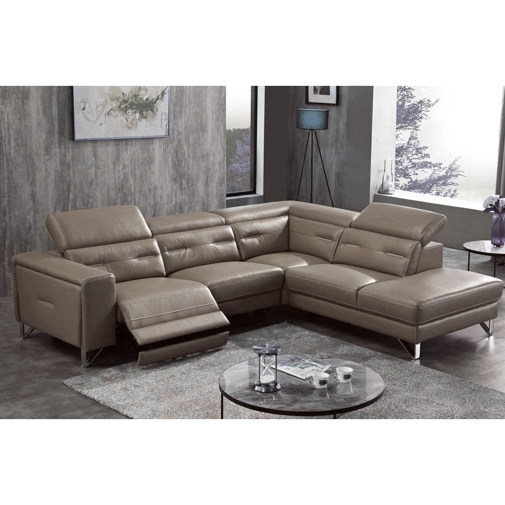 Canapé d'angle avec un relax électrique en cuir de buffle italien de luxe 6 places REVOLAX moka, angle droit, POUF OFFERT Canapé d'angle avec un relax électrique en cuir de buffle italien de luxe 6 places REVOLAX moka, angle droit, POUF OFFERT