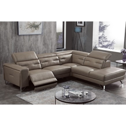 Canapé d'angle avec un relax électrique en cuir de buffle italien de luxe 6 places REVOLAX moka, angle droit, POUF OFFERT