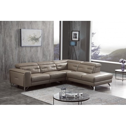 Canapé d'angle avec un relax électrique en cuir de buffle italien de luxe 6 places REVOLAX moka, angle droit, POUF OFFERT