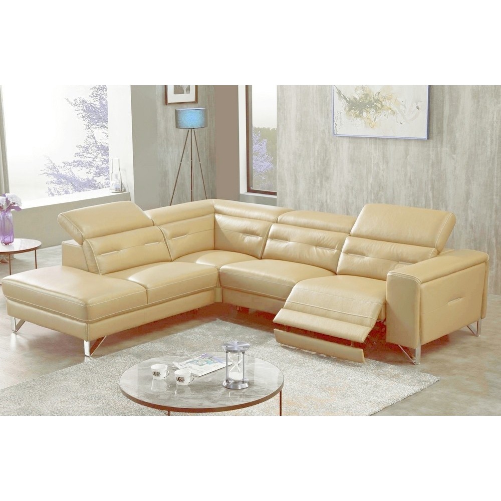 Canapé d'angle avec un relax électrique en cuir de buffle italien de luxe 6 places REVOLAX beige, angle gauche, POUF OFFERT Canapé d'angle avec un relax électrique en cuir de buffle italien de luxe 6 places REVOLAX beige, angle gauche, POUF OFFERT