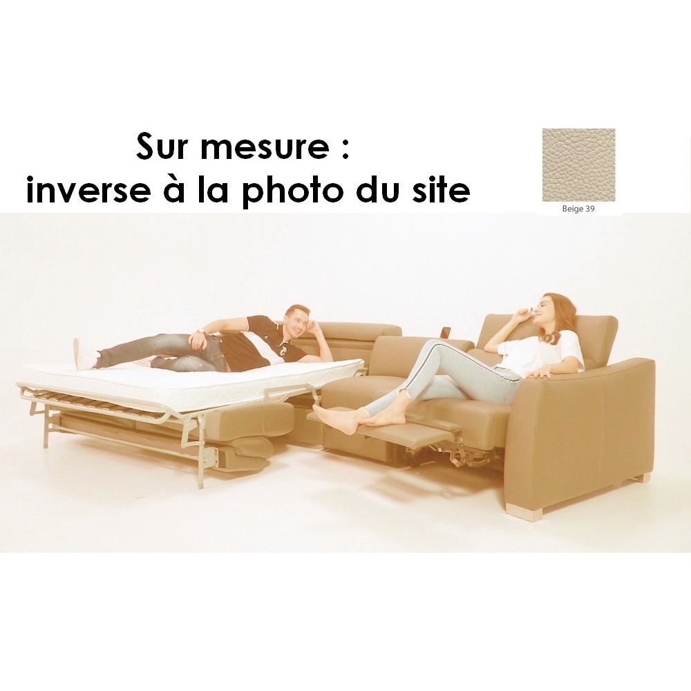 Canapé relax et convertible en cuir de buffle italien de luxe 5/6 places YUCA, beige, sur mesure inversé par rapport à la photo