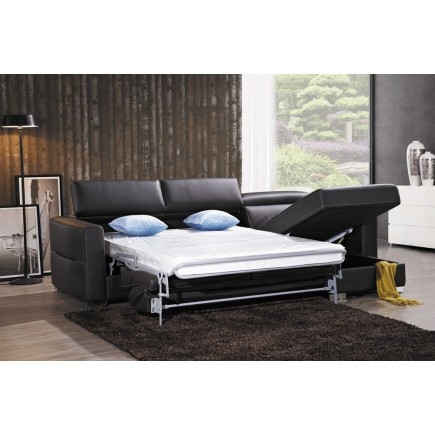 Canapé d'angle convertible en cuir de buffle italien de luxe 5 places ANTHONY, noir, angle droit.