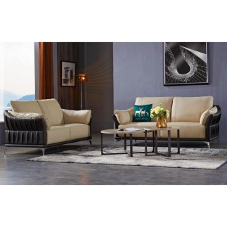 Ensemble canapé 3 places et 2 places en cuir italien buffle DUBLIN, couleur beige et liseret chocolat