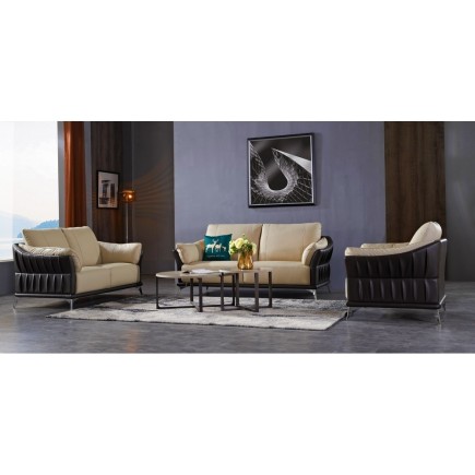 Ensemble canapé 3 places et 2 places en cuir italien buffle DUBLIN, couleur beige et liseret chocolat