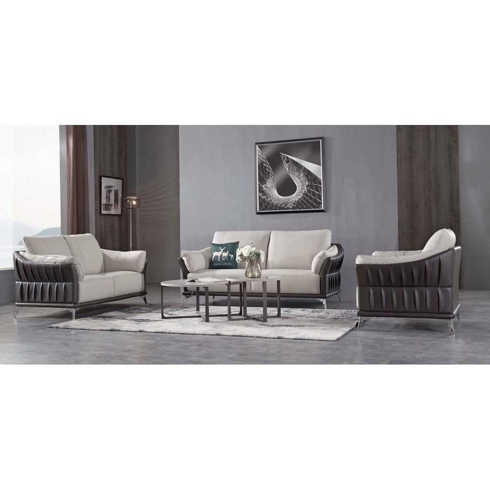 Ensemble Ensemble canapé 3 places et 2 places et fauteuil en cuir italien buffle DUBLIN, couleur blanc cassé et liseret noir Ensemble Ensemble canapé 3 places et 2 places et fauteuil en cuir italien buffle DUBLIN, couleur blanc cassé et liseret noir