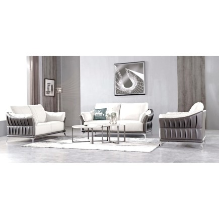 Ensemble Ensemble canapé 3 places et 2 places et fauteuil en cuir italien buffle DUBLIN, couleur blanc cassé et liseret gris fon