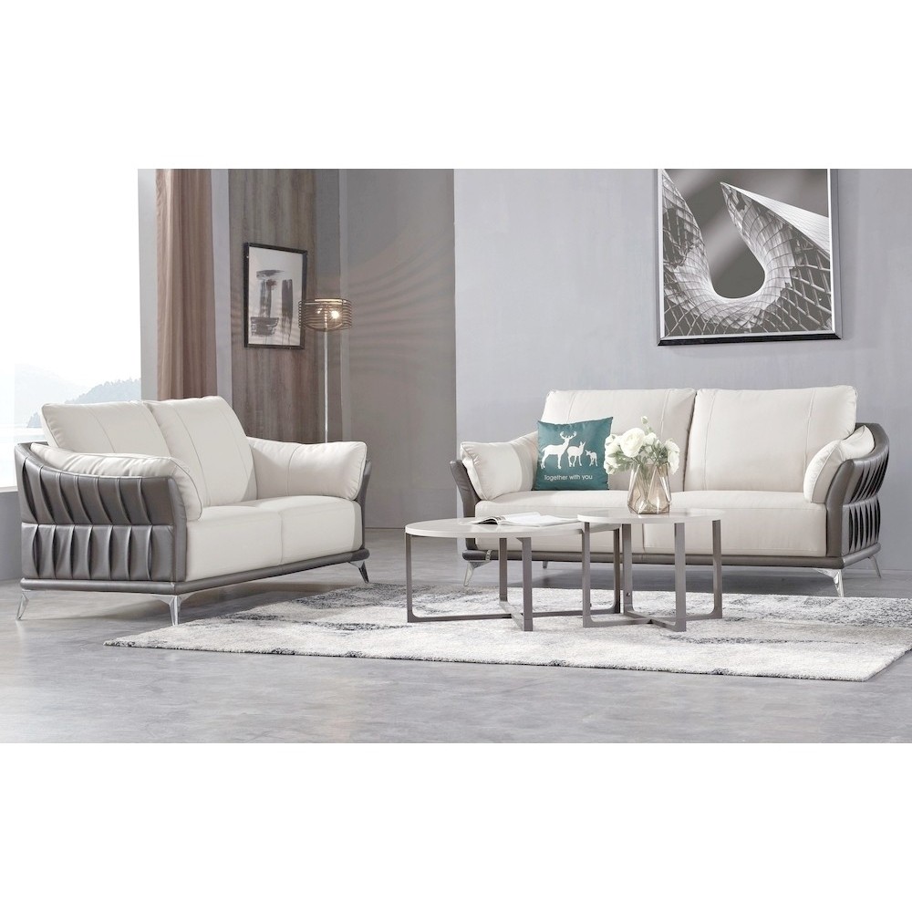 Ensemble canapé 3 places et 2 places en cuir italien buffle DUBLIN, couleur Blanc et liseret gris foncé Ensemble canapé 3 places et 2 places en cuir italien buffle DUBLIN, couleur Blanc et liseret gris foncé