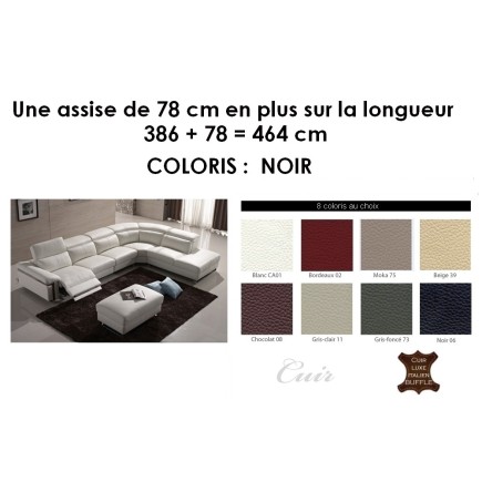 Canapé d'angle relax en cuir buffle italien, de luxe RELAXINO, NOIR, angle droit, personnalisé sur mesure sur demande du client