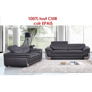1er paiement de la commande: Ensemble Canapé 3 places et 2 places en 100% TOUT cuir EPAIS italien buffle ITALINA, noir et qurpiq