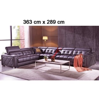 canapé d'angle en cuir de buffle italien de luxe 6/7 places, prestigia, personnalisé sur mesure 363x289 cm, sans la tablette de