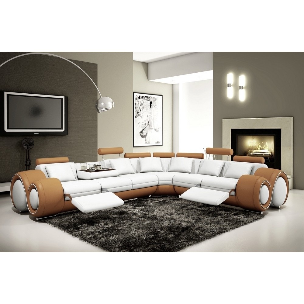 solde de la commande: Canapé d'angle en cuir italien 5/6 places petit excelia, blanc et marron, angle droit, livrable après la m