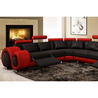 Canapé d'angle en cuir italien : 5/6 places PETIT EXCELIA, noir et rouge, angle gauche