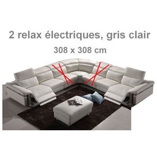 Canapé d'angle 2 relax électriques, cuir buffle italien luxe RELAXINO, gris clair, personnalisé sur mesure sur demande du client