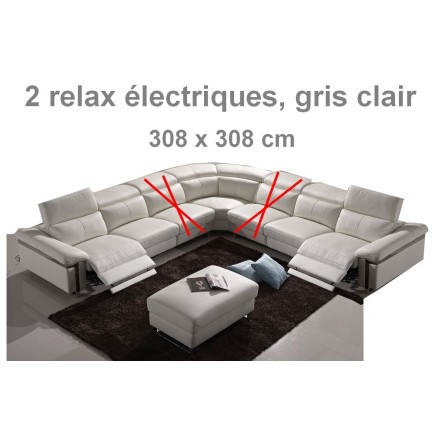 Canapé d'angle 2 relax électriques, cuir buffle italien luxe RELAXINO, gris clair, personnalisé sur mesure sur demande du client