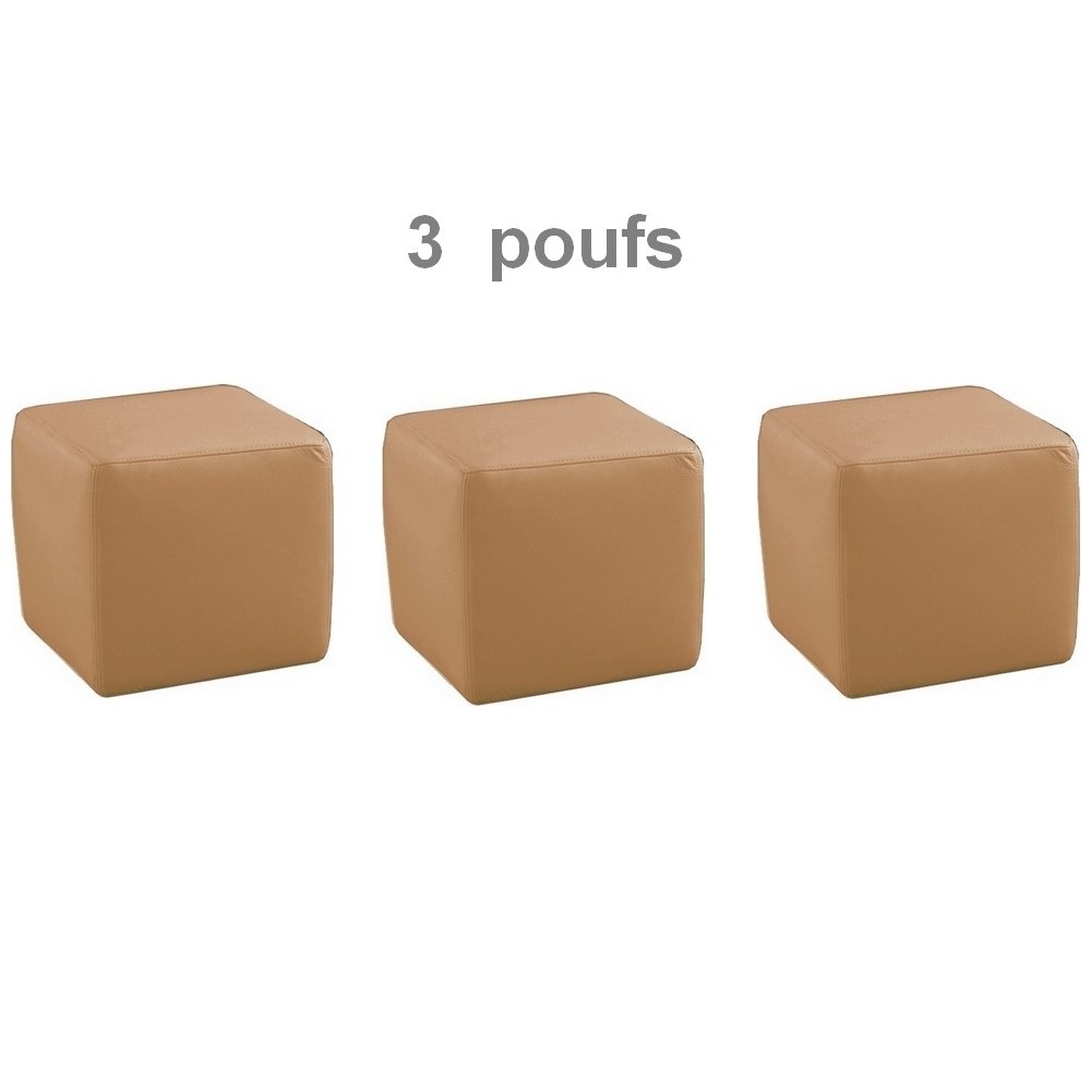 Ensemble de 3 poufs carré en cuir, beige Ensemble de 3 poufs carré en cuir, beige