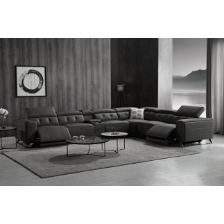 Canapé d'angle avec 2 relax électriques en cuir de buffle italien de luxe, 8 places MONACO, POUF OFFERT, noir, angle droit