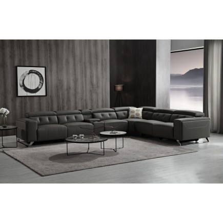 Canapé d'angle avec 2 relax électriques en cuir de buffle italien de luxe, 8 places MONACO, POUF OFFERT, noir, angle droit