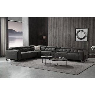Canapé d'angle avec 2 relax électriques en cuir de buffle italien de luxe, 8 places MONACO, POUF OFFERT, noir, angle gauche