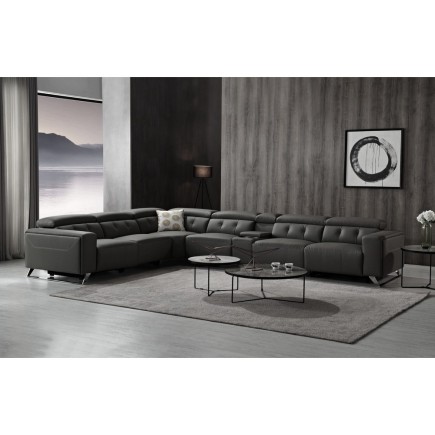 Canapé d'angle avec 2 relax électriques en cuir de buffle italien de luxe, 8 places MONACO, POUF OFFERT, noir, angle gauche