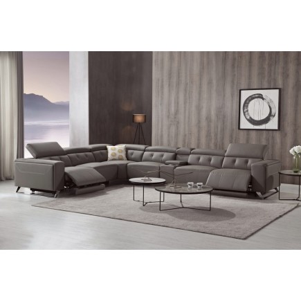 Canapé d'angle avec 2 relax électriques en cuir de buffle italien de luxe, 8 places MONACO, POUF OFFERT, moka, angle gauche