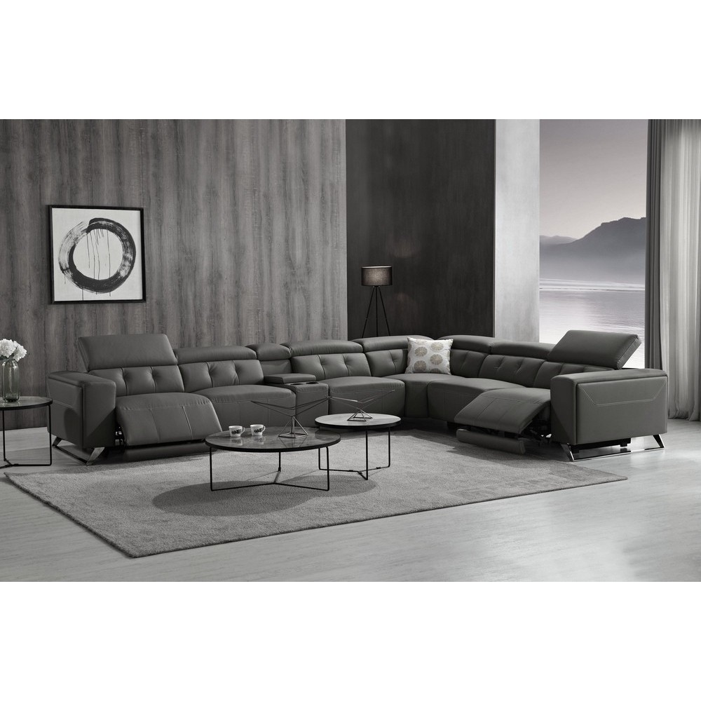 Canapé d'angle avec 2 relax électriques en cuir de buffle italien de luxe, 8 places MONACO, POUF OFFERT, gris foncé, angle droit Canapé d'angle avec 2 relax électriques en cuir de buffle italien de luxe, 8 places MONACO, POUF OFFERT, gris foncé, angle droit