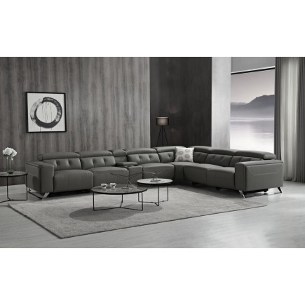 Canapé d'angle avec 2 relax électriques en cuir de buffle italien de luxe, 8 places MONACO, POUF OFFERT, gris foncé, angle droit