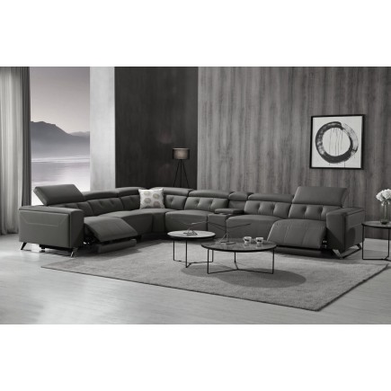Canapé d'angle avec 2 relax électriques en cuir de buffle italien de luxe, 8 places MONACO, POUF OFFERT, gris foncé, angle gauch