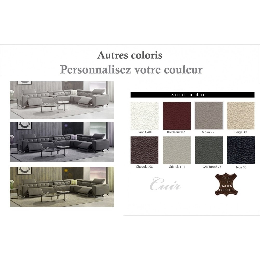 Canapé d'angle avec 2 relax électriques en cuir de buffle italien de luxe, 8 places MONACO, POUF OFFERT, couleur personnalisée, Canapé d'angle avec 2 relax électriques en cuir de buffle italien de luxe, 8 places MONACO, POUF OFFERT, couleur personnalisée,