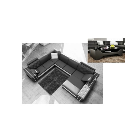 Paiement solde de la commande : Canapé d'angle en cuir italien 8 places bentley, noir et blanc angle gauche, table rectangulaire