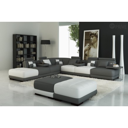 2eme paiement de la commande : Canapé d'angle en cuir italien 7/8 places elixir, gris foncé et blanc., angle gauche, pouf haut b