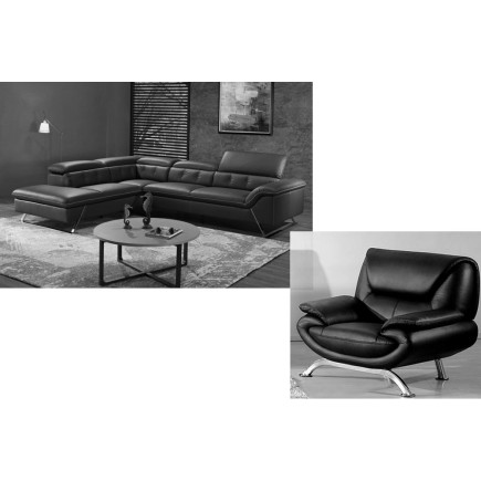 2eme paiement dela commande : Canapé d'angle en cuir de buffle italien de luxe 5/6 places vida, noir, Surpiqure Noir , angle gau